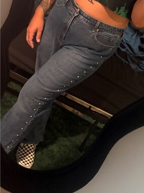Stud-Embellished Dark Blue Jeans for Women